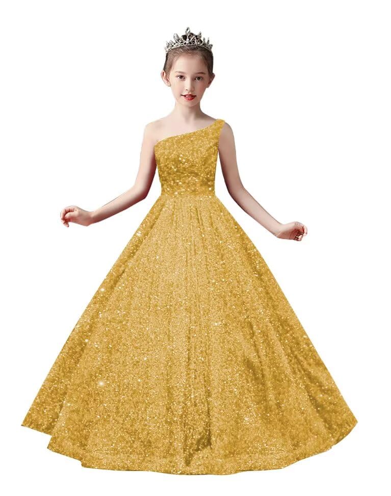 One Shoulder Sequin Pageant Gowns Sparkly Ball Gown Flower Girl Dresses for Wedding Princess Kids Toddler Dress