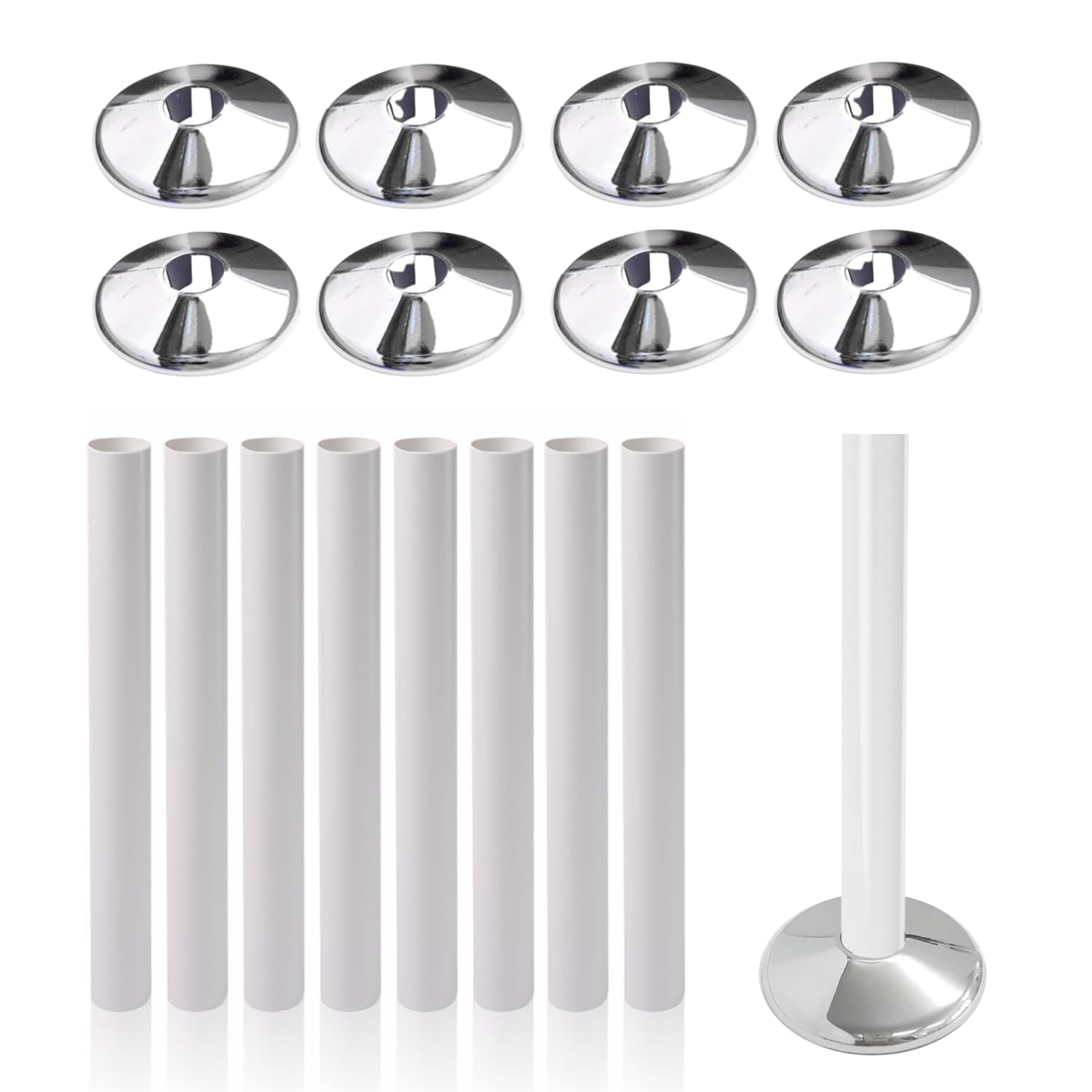Marco Paul 8pc Radiator Pipe Collars Chrome And Radiator Pipe Covers White 200mm X 15mm PVC Sleeves For Heating Pipes - Radiator Accessories For Protecting Pipes - Easy To Install and Heat Resistant
