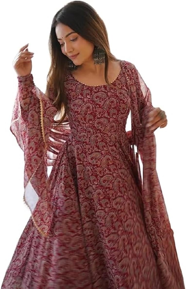 KD Women's Organza Anarkali Floral Printed Kurta Pent Set with Dupatta Set Anarkali Kurti for Women| 100% Georgette