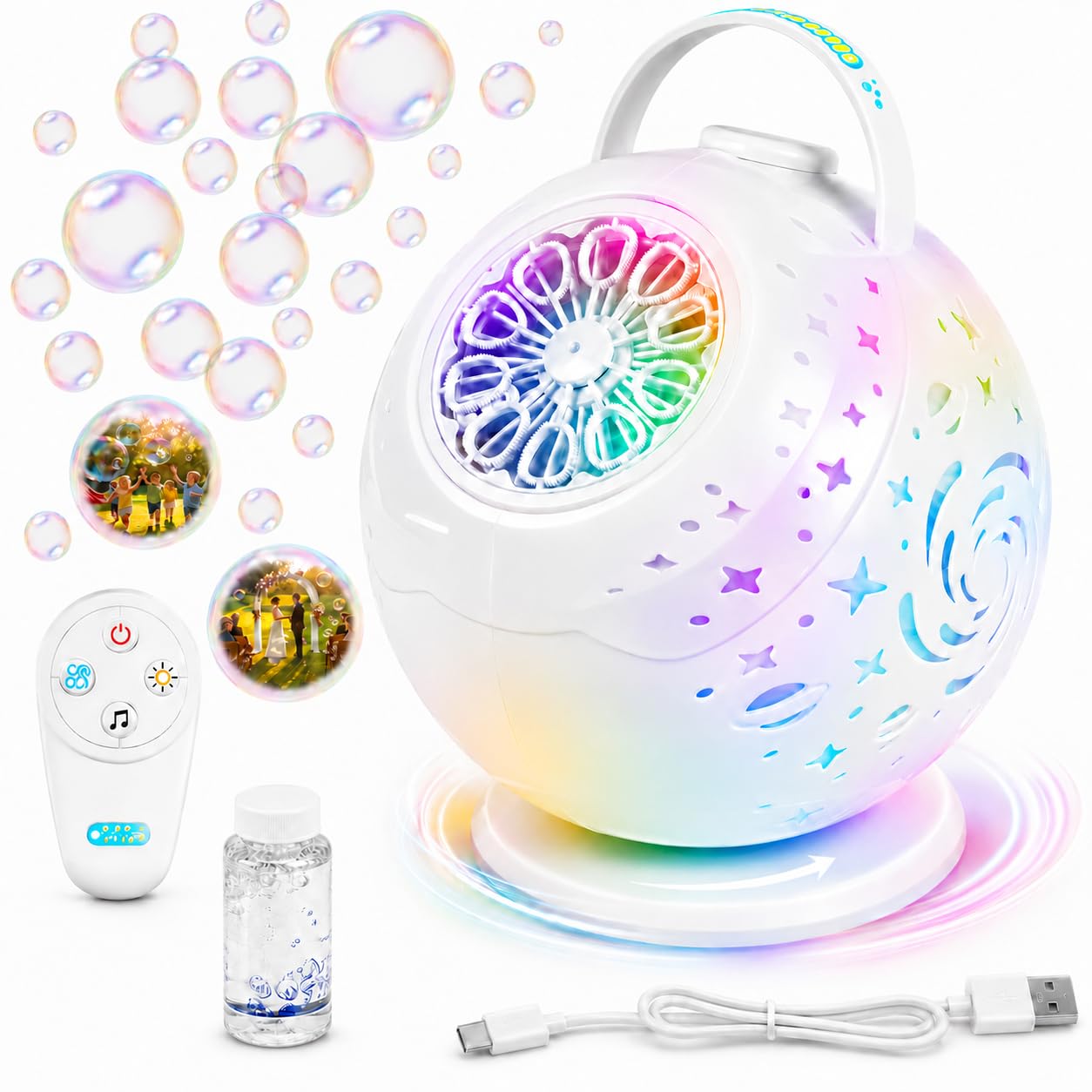 Macchina per bolle di sapone ricaricabile per bambini con telecomando | oltre 20.000 bolle al minuto, rotazione di 90°/360°, 7 luci LED colorate, durata della batteria: circa 50 minuti