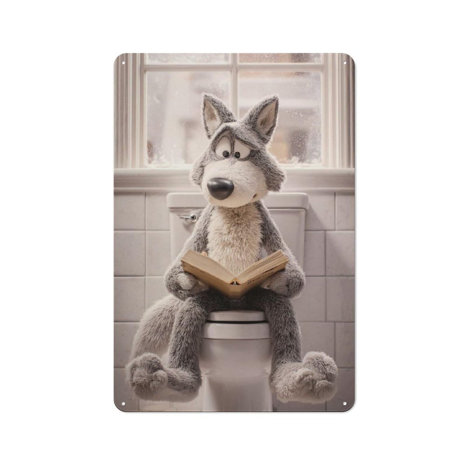 Understated Office Metal Sign 30x20cm Featuring Stuffed Wolf Reading on Toilet, Studio Wall Plaque for Office, Study, Studio Or Hallway