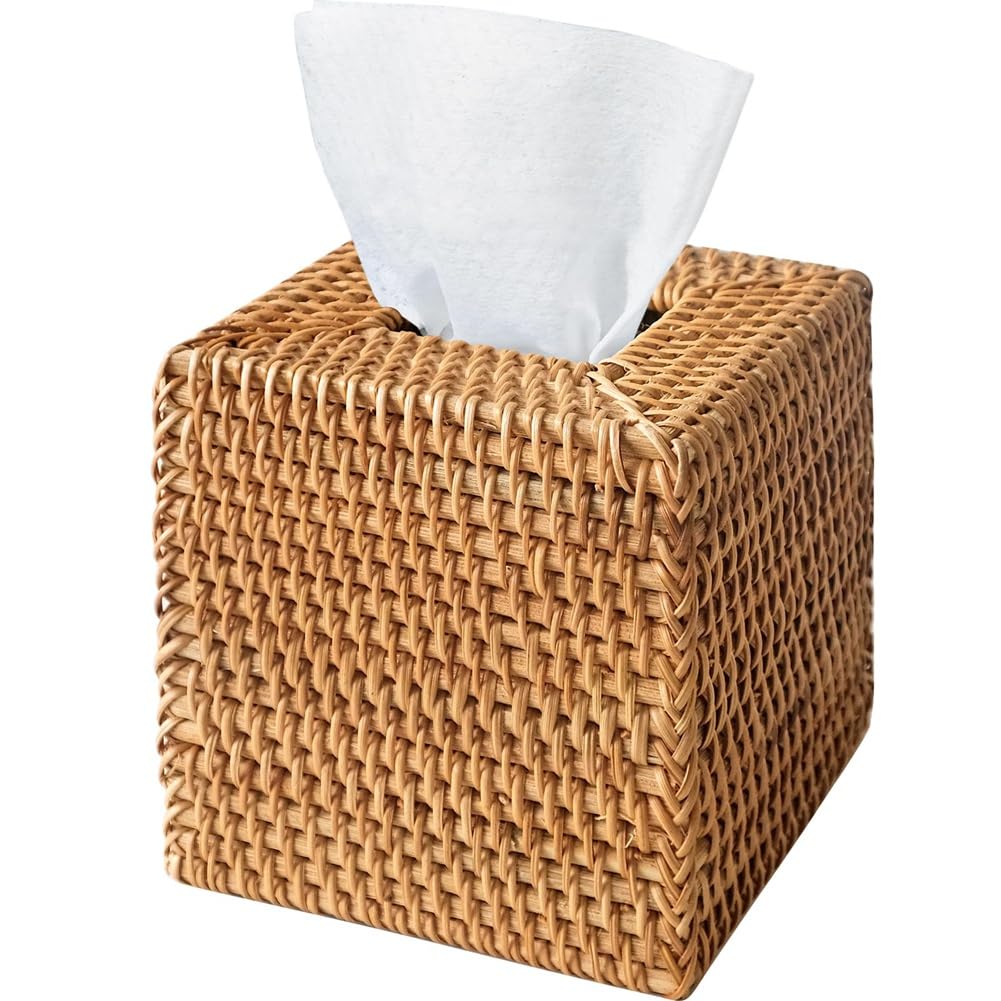 Gichusizy Rattan Tissue Box Cover, Hand Woven Square Wicker Holder For Tissues, For Bathroom Living Room, Tissue Holders