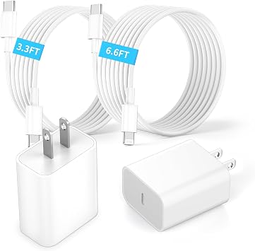 2 Pack 20W USB Type C Fast Wall Charger for iPhone 5 - iPhone 14 Series | 2 Kit [3.3FT&6.6FT] USB C to L Cable for iPhone 14 Pro Max/13 Pro//12/12 Pro Max/11/Xs Max/XR/X,AirPods Pro