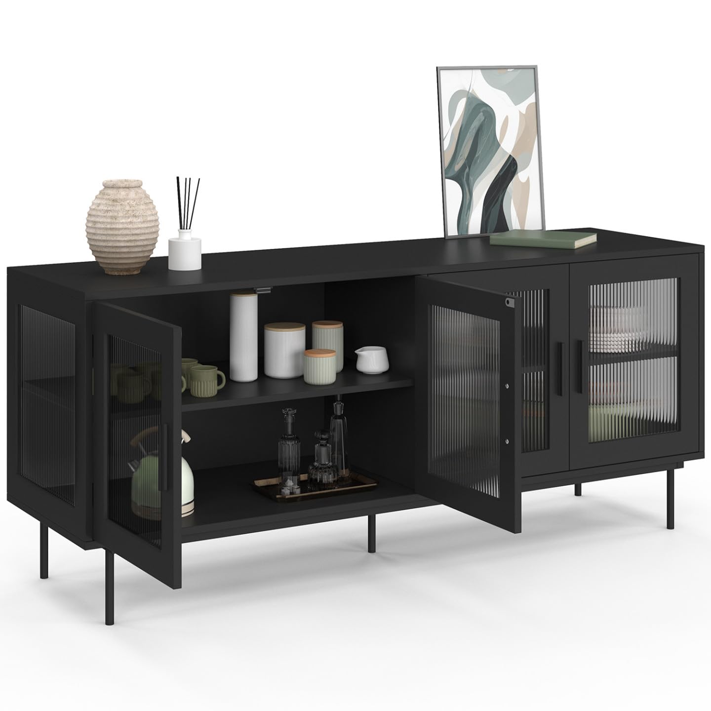 IDMarket - Buffet 140 cm ZINEB 4 Portes vitrées façade cannelée Noir