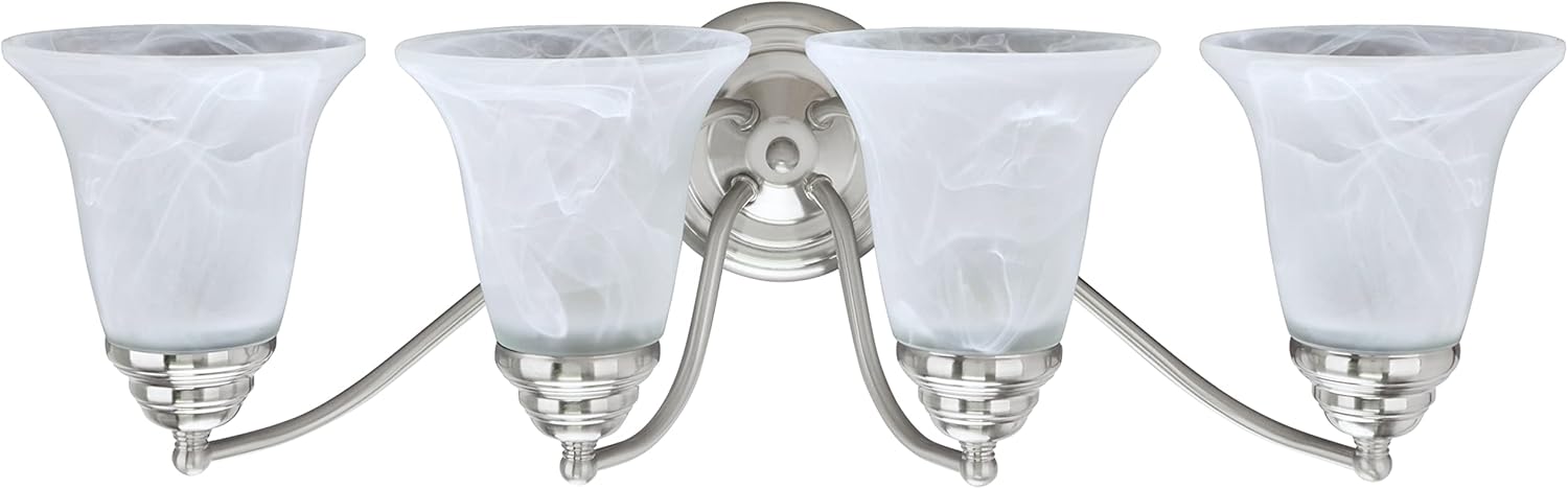 Aspen Creative 62136, Four-Light Metal Bathroom Vanity Wall Light Fixture, 23 1/2" Wide, Transitional Design in Brushed Nickel with Faux Alabaster Glass Shade