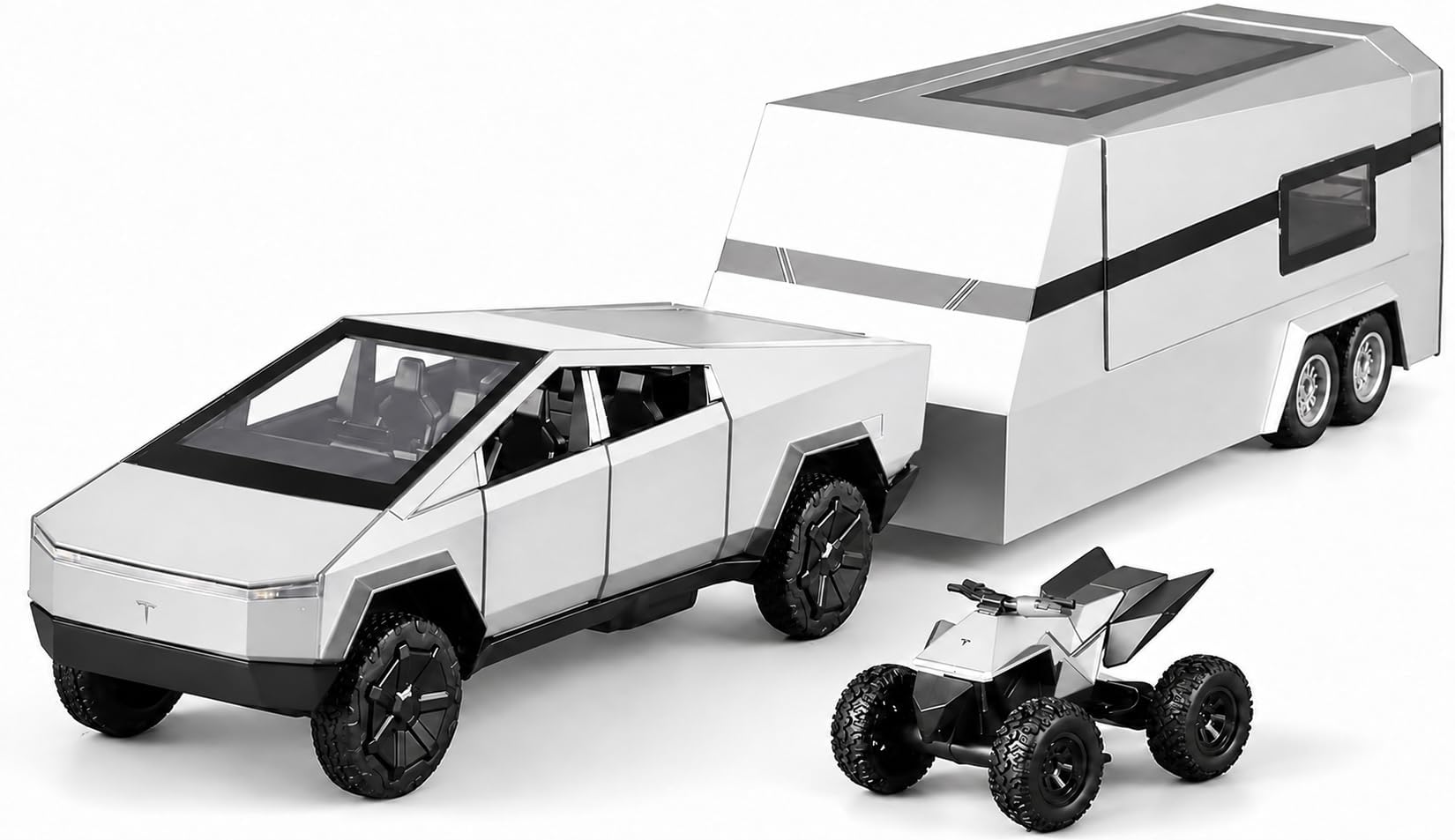 VivaJoy 1:32 Die-Cast Pickup Truck Model with Detachable Caravan Trailer and Off-Road Motorcycle, Silver Pull-Back Toy Vehicle Set with Sound and Lights, Gift for Children and Collectors