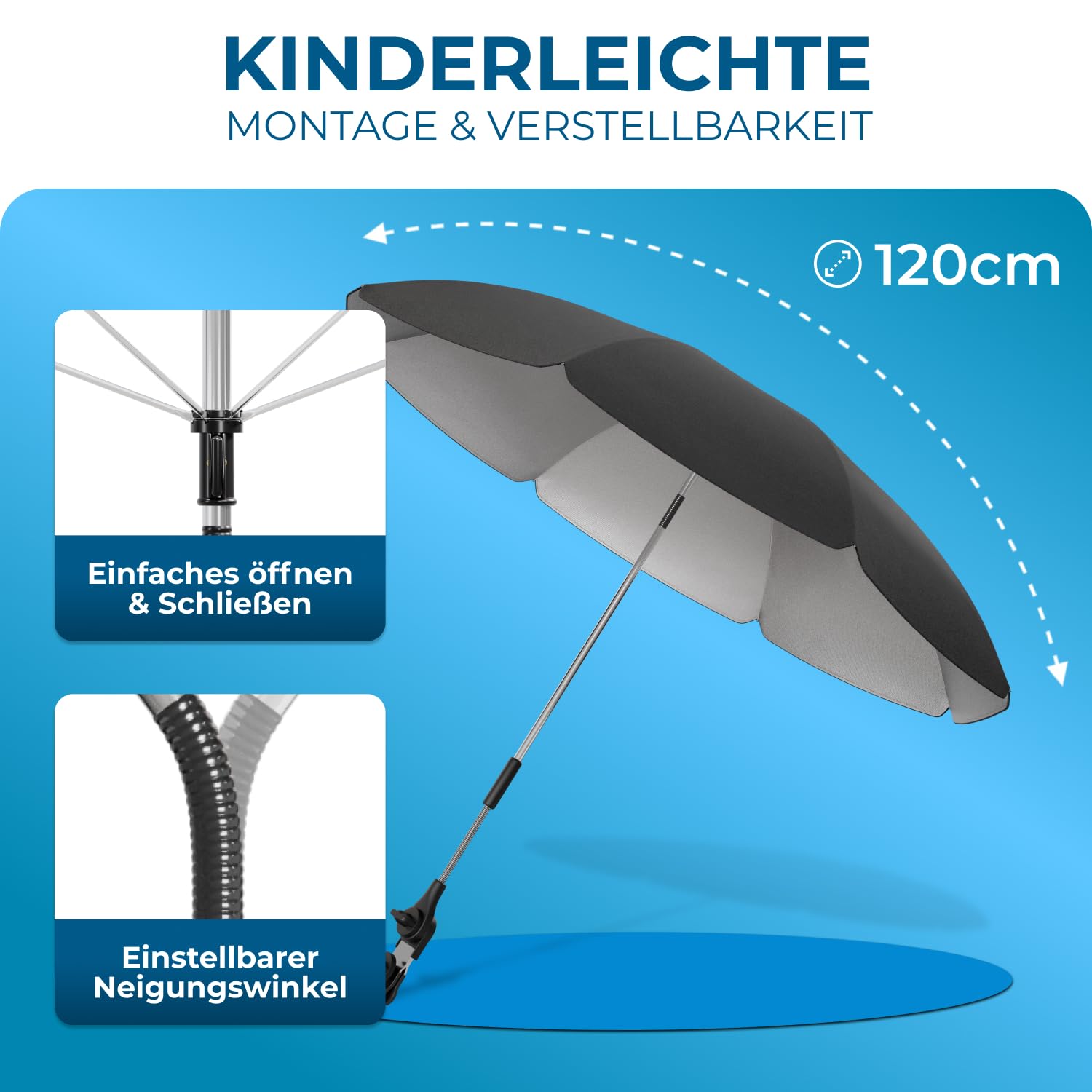 STYNGARD Stuhl Sonnenschirm für Liegestuhl mit UV Schutz 50+ / 120 cm Kuppelmaß mit Überhang - Klemmschirm Campingstuhl - Schirm für Stuhl mit Universal-Klemme Modell SAN FRANCISCO