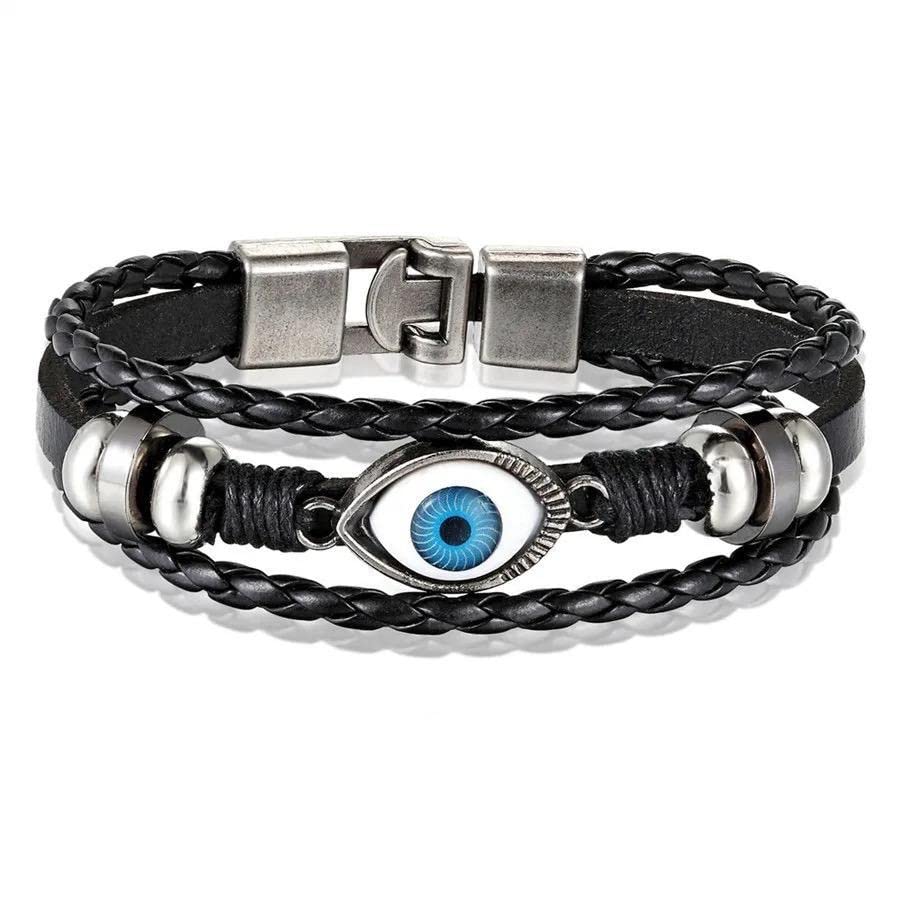 KRYSTALZ Perfect Blue Evil Eye Leather Braided Wrap Multi Layer Black Band Adjustable Bracelet for Men & Boys (B0C5XMJ99N) Amazon Price History, Amazon Price Tracker