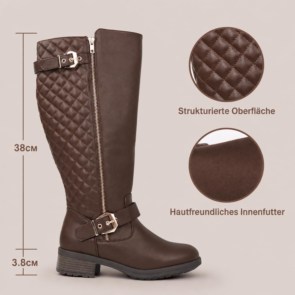Damen-Reitstiefel mit extra breiter Wade, kniehoch, Retro-Doppelschnalle, schicker Stil, Herbststiefel