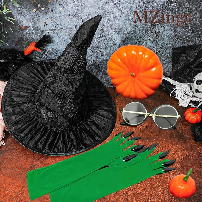 MZinge 3 Pcs Halloween Witch Elphaba Costume Accessories, Black Witchy Hat Elphie Glasses Green Gloves for Women for Cosplay Dress Up - Image 2