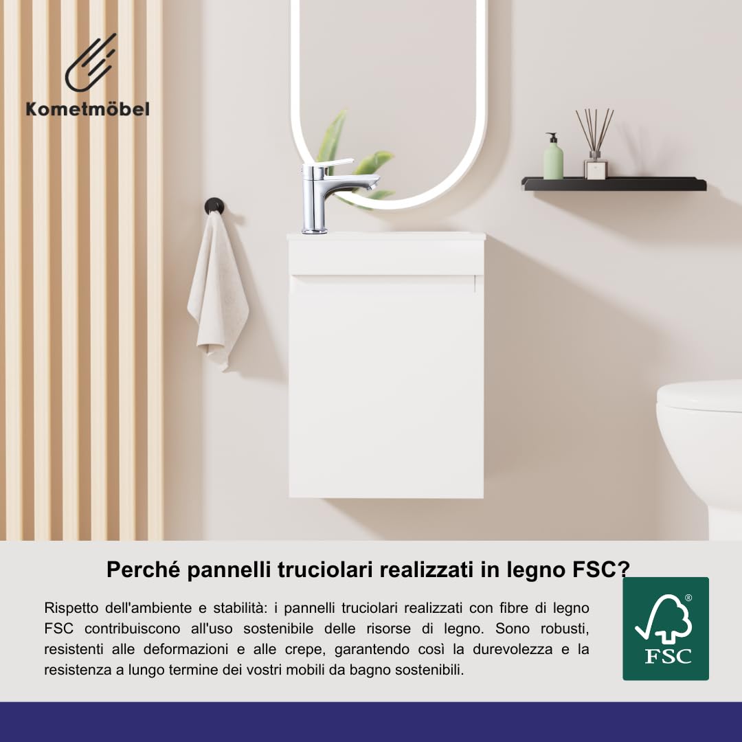 Mobile Bagno Sospeso 40cm con Lavabo in Resina - Mobiletto Salvaspazio per Bagno di Servizio - Già Assemblato (Bianco 40cm, Con Rubinetto Cromo)