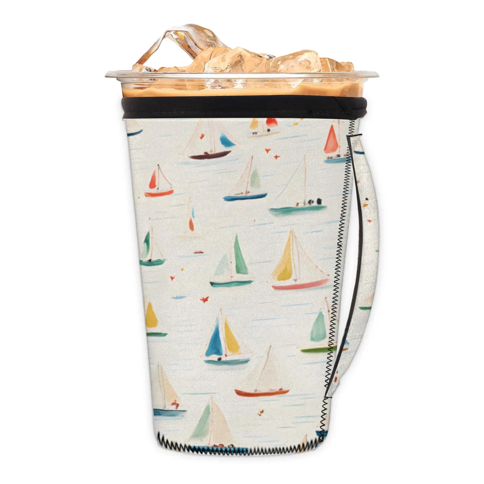 Cartoon Watercolor Sailboat Reusable Neoprene Coffee Sleeve with Handle Insulated Iced Coffee Cup Holder Reduces Condensation Fits 32 oz Cups L