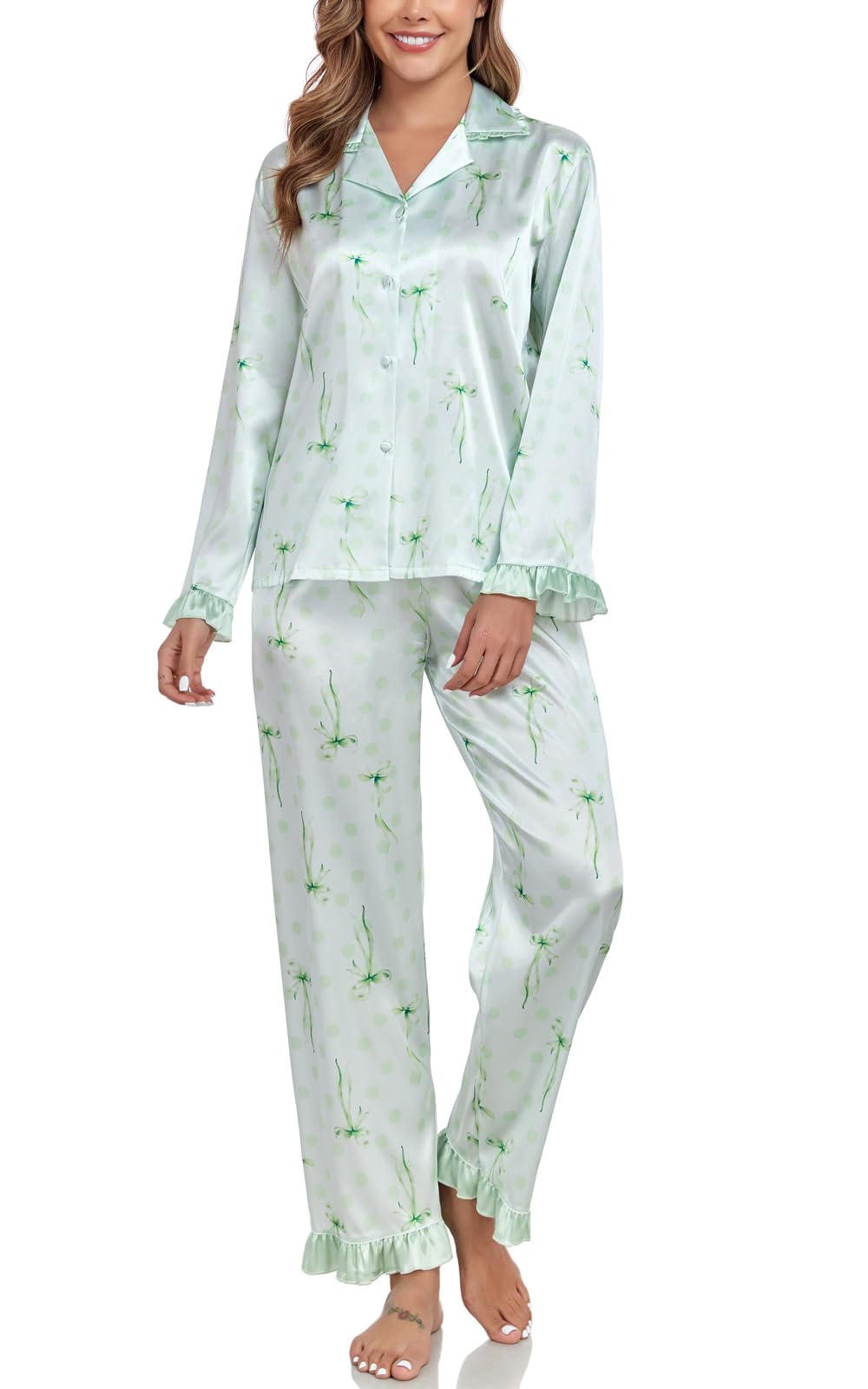 BestWendding Womens Silky Pajamas Ruffle Hem Long Sleeve Collar Shirt and Long Pants Button Up Lounge Sets with