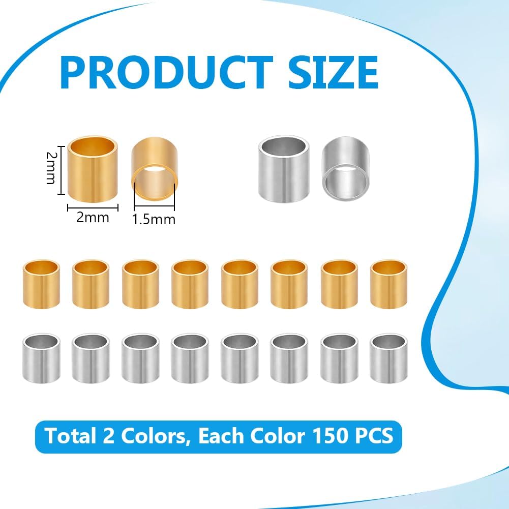 UNICRAFTALE 300Pcs 2 Colors Crimp Tube Beads 201 Stainless Steel 2mm Tiny Spacer Beads Column Stopper Bail Bead Connectors Metal Slider Bead for Ends Bracelet Jewelry Making Hole 1.5mm image 3