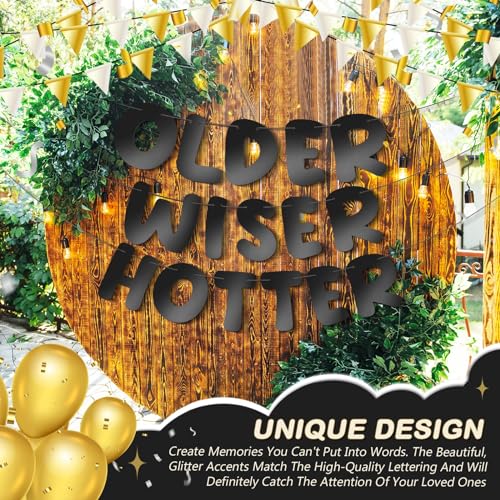 Image of Fulmoon Set of 3 Pre Strung Older Wiser Hotter Glitter Banner Funny Birthday Banner for Women 30th 40th 50th 60th 70th 80th Birthday Party Decorations Sign Gift(Bright Black)