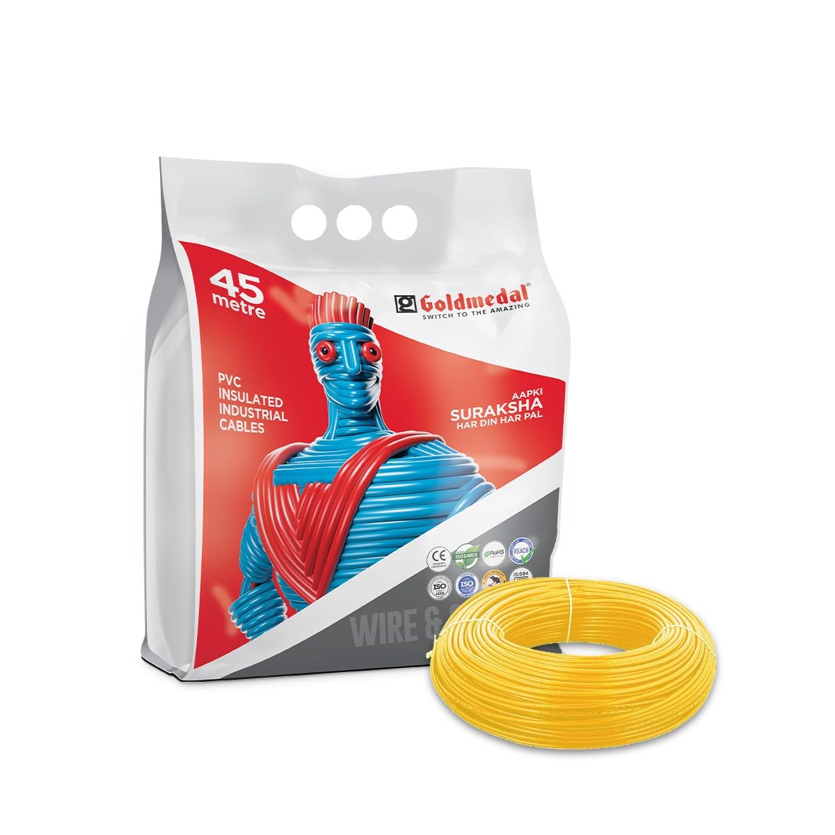 Goldmedal 1.0 Sq mm Flame Retardant Electric Wire | 45 Meter PVC Insulated Single Core Copper Wire | Flexible Electrical Cable for Home, Domestic & Industrial Use | (Yellow)