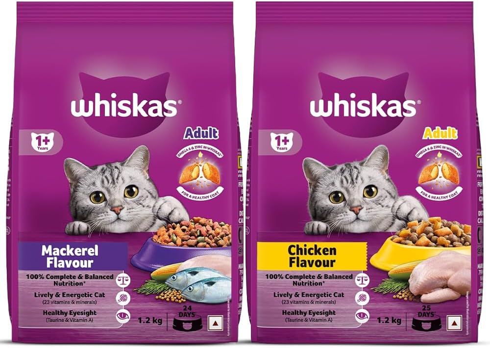 Whiskas Adult (+1 Year) Dry Cat Food, Chicken Flavour, 1.2kg Pack & Whiskas Adult (+1 Year) Dry Cat Food, Mackerel Flavour, 1.2kg Pack