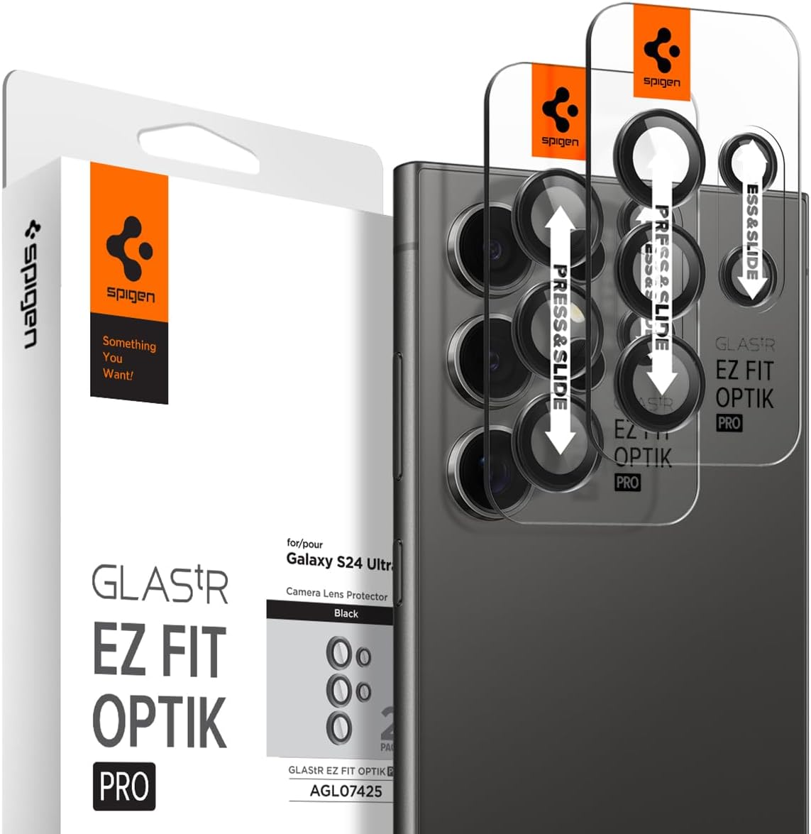 Spigen Galaxy S24 Ultra Camera Protective Film 2-Pack Tempered Glass with Application Kit Lens Protector Optik Pro AGL07425 (Black)