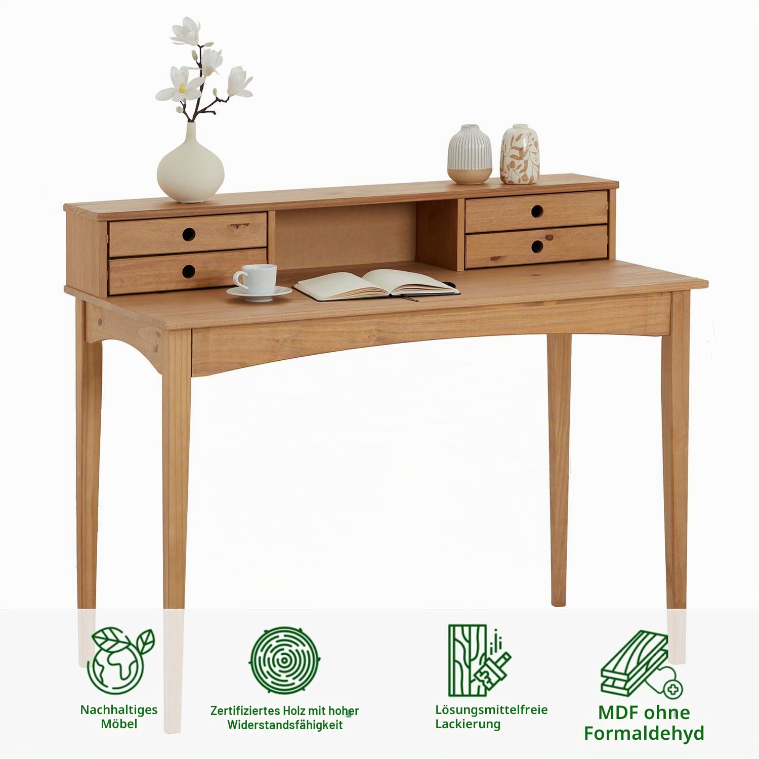 IDIMEX Schreibtisch Milano mit 4 Schubladen und 1 Fach aus Massivholz, Eiche Farben, robuste Verarbeitung PC-Tisch mit Stauraum für Büro und Home-Office
