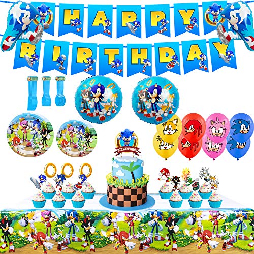 Sonic The Hedgehog Party Supplies,100pcs Birthday Party Decorations Include Happy Birthday Banner,Tablecover,Plates,Knives,Spoons,Forks,Cake Toppers,Cupcake Toppers,Foil Balloons,Latex Balloons