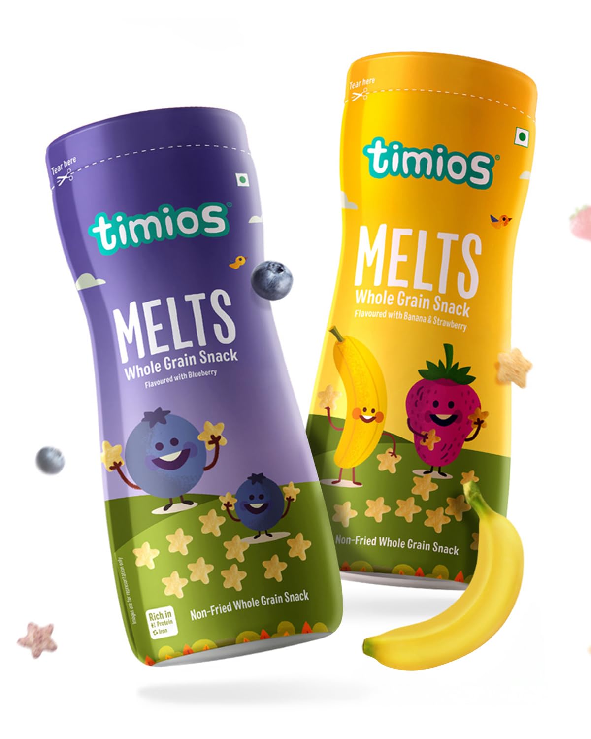 Timios Flavored Melts – Banana & Strawberry + Blueberry Teething Puffs | Non-Fried, Maida-Free & Natural Fruit Flavor | Healthy Baby Snack | 2 x 50g Combo Pack