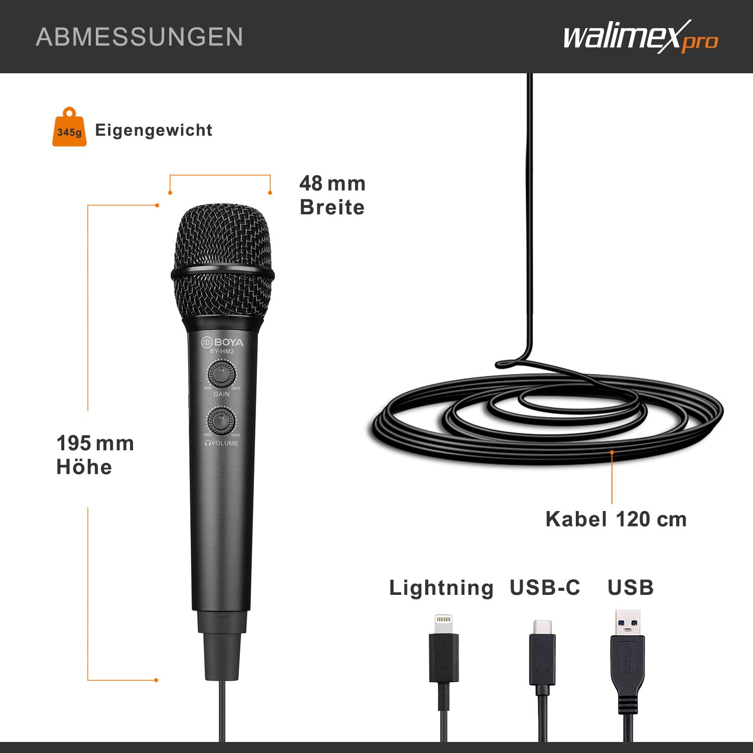 walimex pro Boya HM2 Microfono a Mano USB-C per Smartphone con Jack Cuffie e Supporto per Asta
