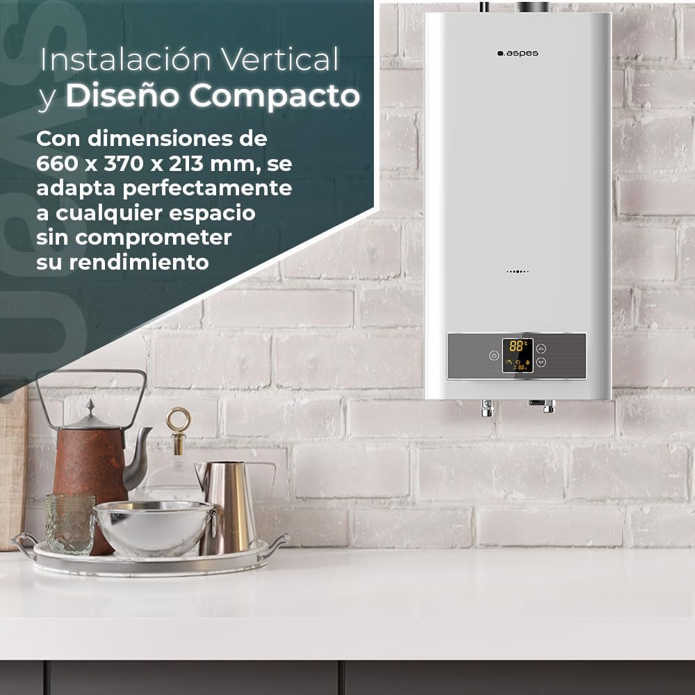 Aspes Calentador de Gas 11 Litros ACE1110B. Instalación Vertical, 45W, Incluye Kit de Montaje, Termostato Mecánico, Termómetro Digital, Blanco, Eficiencia Energética Clase A