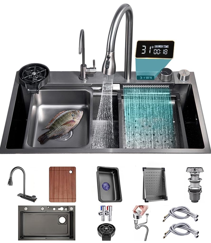 ZQFHSX Waterfall Kitchen Sink Set 304 Stainless Steel Nano Coated Workstation With Digital Display Fly Rain Pull-Out Faucet and Accessories (Size: 68x45x22cm)