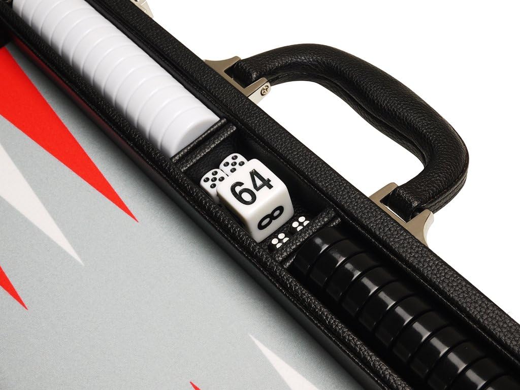 16-inch Premium Backgammon Set - Medium Size - Black Board, White and Scarlet Red Points