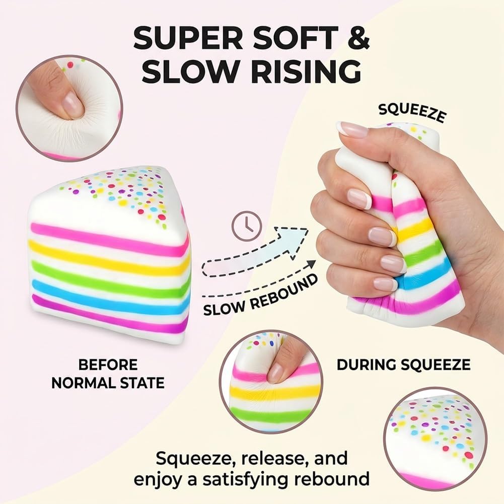 Rainbow Cake Squishy, Jumbo Slow Rising Squeeze Fidget Sensory Toy, Giant Layer Cake Slice Soft Stress Relief Squishy for Adults Birthday Gift Party Favor Colorful Cute Toy(#A)