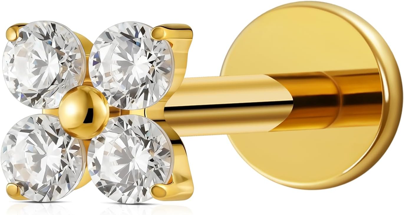 FINE4U 16G Titanium Piercing Jewelry - ASTM F136 Titanium Internally Threaded Hypoallergenic Four Petal Flower CZ Cartilage Flat Back Earring