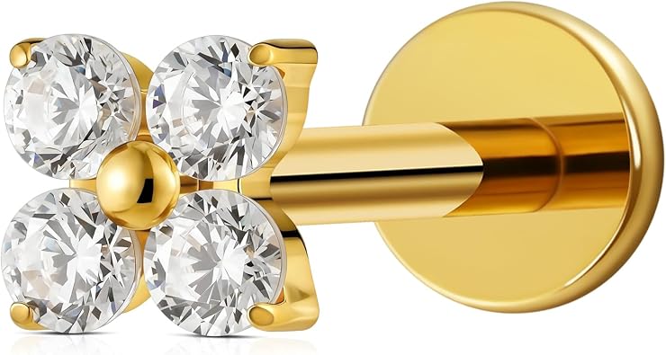 FINE4U 16G Titanium Piercing Jewelry - ASTM F136 Titanium Internally Threaded Hypoallergenic Four Petal Flower CZ Cartilage Flat Back Earring