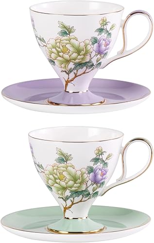 Miniatura 8 de KAMMAK Juego de 2 tazas de café de cerámica, tazas de café de porcelana con platillos, 6.52 onzas hechas a mano, elegante taza de té de porcelana de