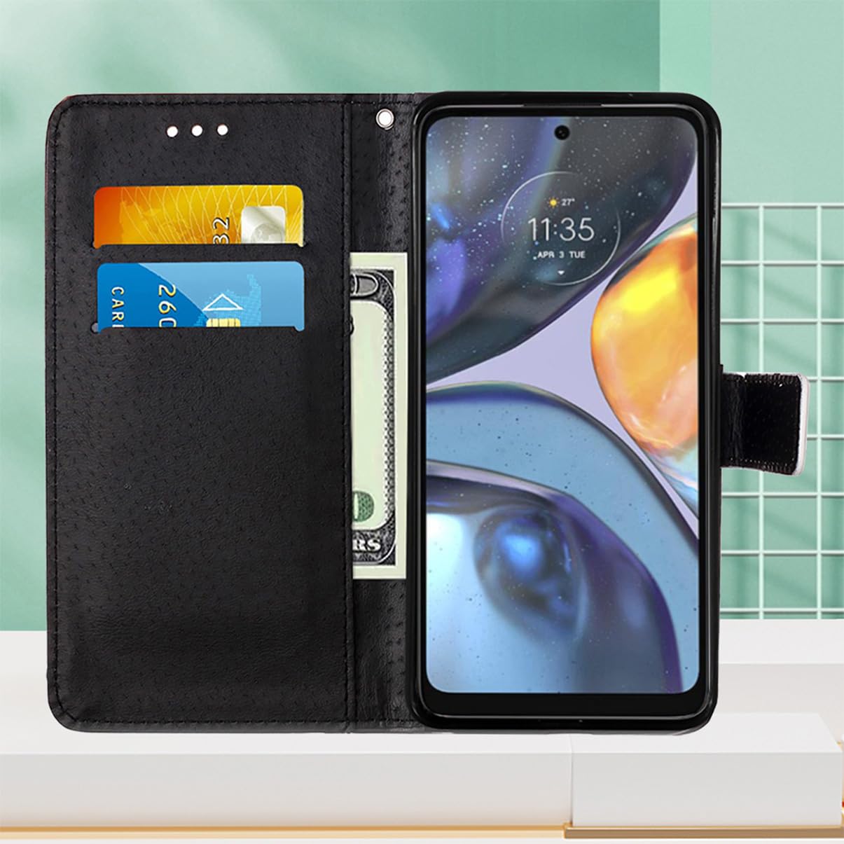 Cover Portafoglio Per Motorola Moto E22 – Custodia In Pelle Con Fessure Carte E Supporto, Silicone TPU, Motivo Rosa - 3