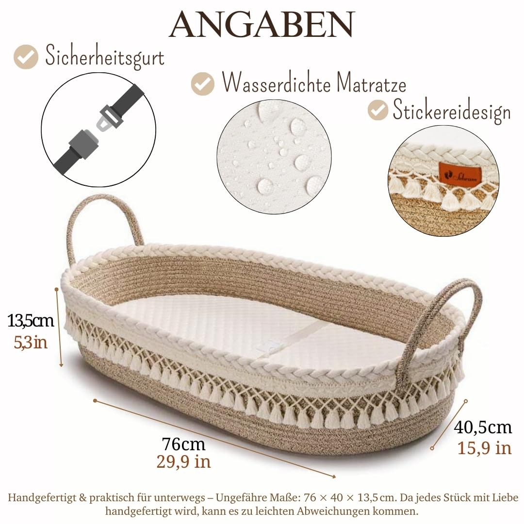 SEBRAM Wickelkorb Baby – Handgefertigte Wickelauflage mit Liebe, Wasserdichte Matratze und Tragetasche | Sicher & Schön fürs Babyzimmer – Farbe: Beige
