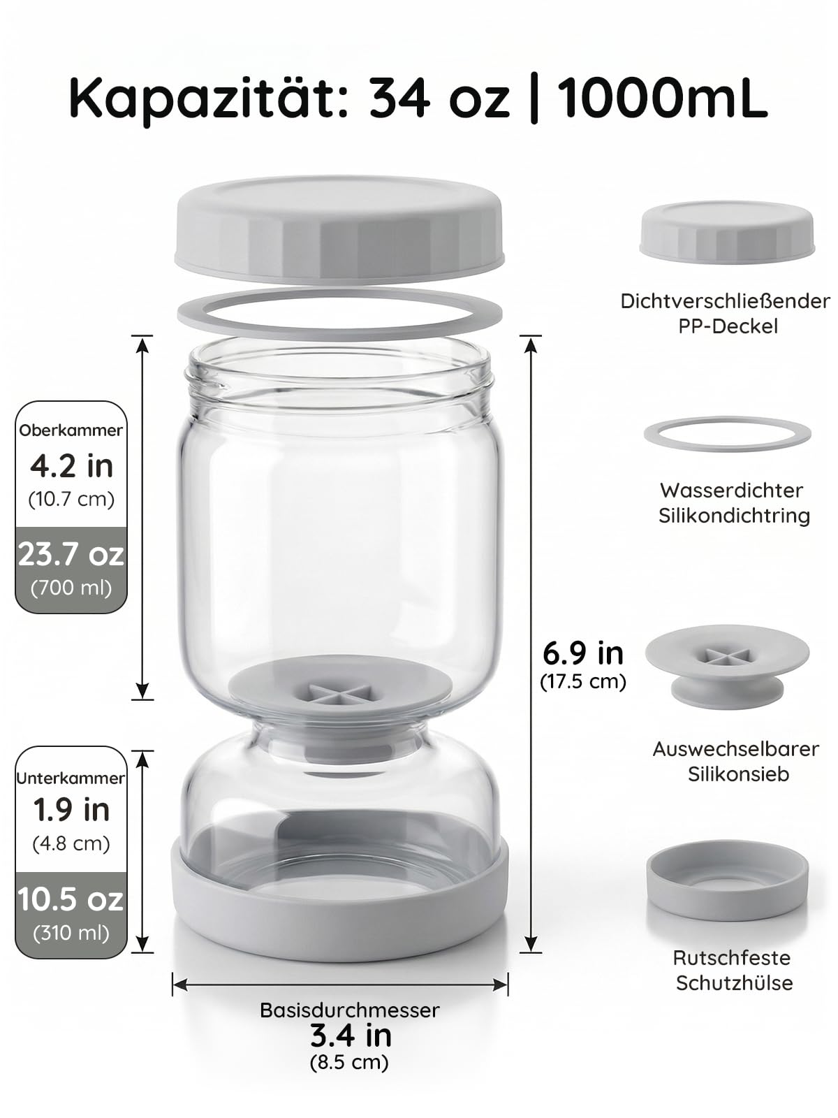 Homnoble Gurkenglas zum Umdrehen, 1L Glas Einlegeglas mit Sieb Sanduhr, Pickle und Olive Jar Flip Food-grade ABS Deckel und BPA Frei für Essiggurke Olive Kimchi Jalapenos