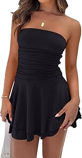 Women Sexy Tube Top Silk Dress Strapless Ruched Waist Ruffle Tiered Layer Mini Dress Party Short Dresses - Buy now