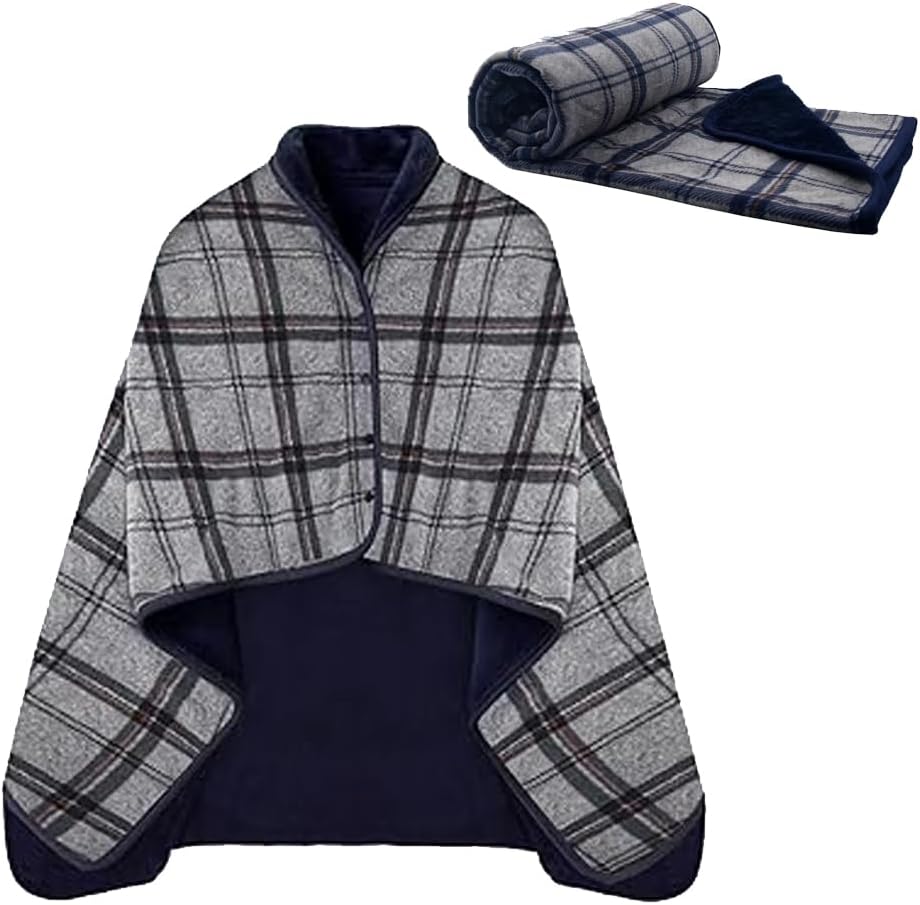 Fleece Wearable Blanket Poncho for Women 55 x 39 Plaid Lap Blankets Comfy Throw Shawl with Button for Bed Sofa Office
