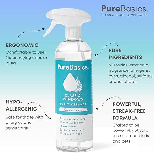 Miniatura 2 de Pure Basics Limpiador de ventanas y vidrios, fórmula a base de plantas, sin rayas, hipoalergénico, 24 onzas líquidas