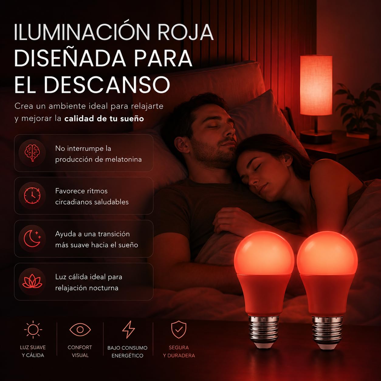 Bombilla Luz Roja E27 para Dormir y Melatonina | Pack 2 Bombillas LED de 7W Nocturnas 634nm sin Luz Azul | Luz Roja Bebé, Descanso y Biohacking | Anti Flicker (7, Vatios)