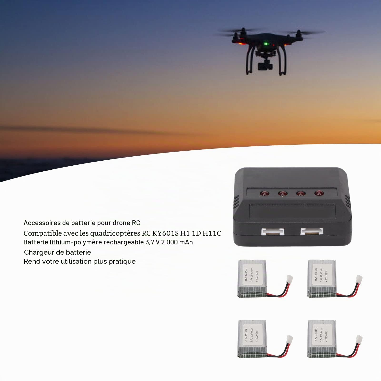 Lot de 4 Batteries de Drone 903048 3.7V 2000mAh Rechargeables Batterie Drone 3.7v 2000mah Batterie Lipo pour RC UAV, avec Chargeur Portable Batteries