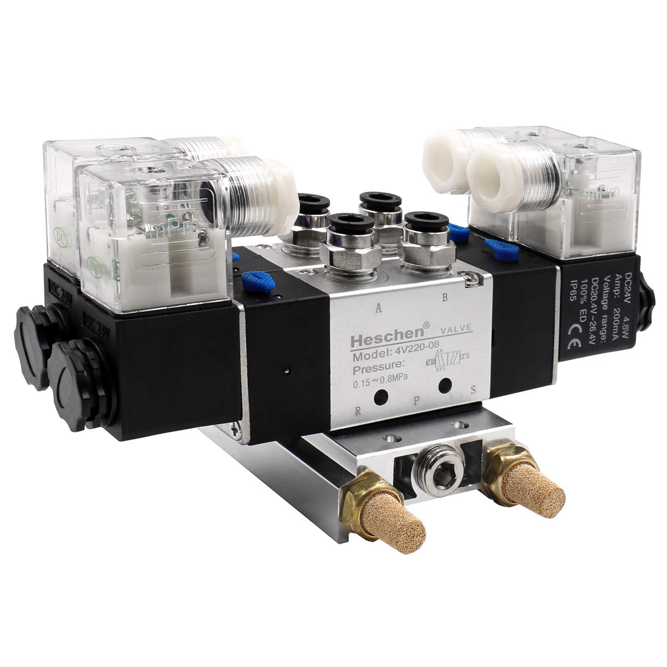 Heschen Elettrica Pneumatica Doppia Elettrovalvola 4V220-08 24VDC PT1/4 5 Vie 2 Posizioni Collettore Base, Silenziatore, Raccordi Rapido Set