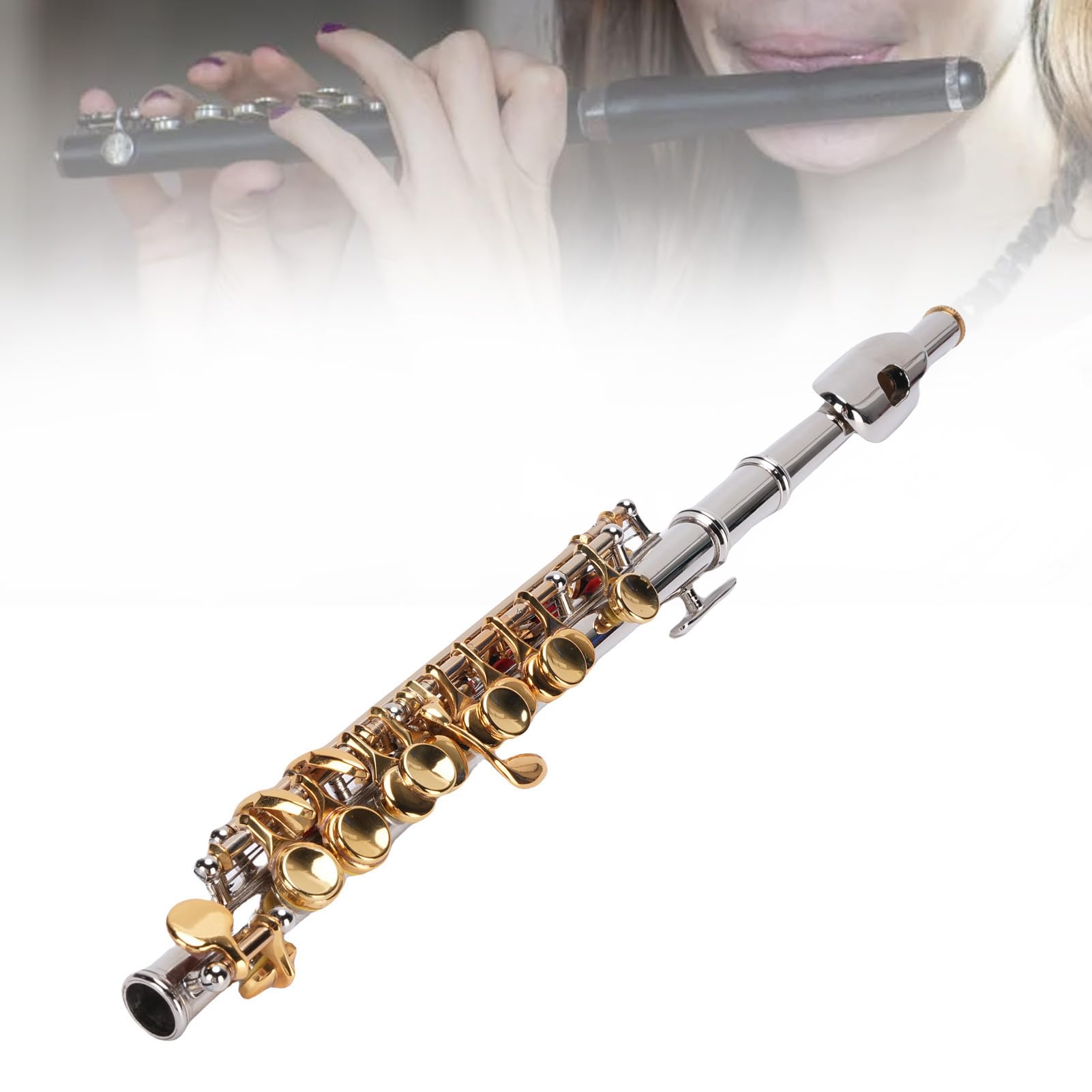 Flauta de Orificio Cerrado C Kit de Flautas de 16 Teclas, Instrumento para Estudiantes Color Plateado Cuerpo de Cobre Blanco Llave Dorada Estudiante C para Práctica y Desempeño para