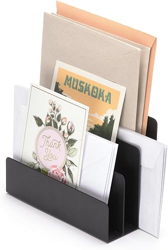 Organizador de correo de escritorio, soporte de letras de metal negro de 3 ranuras y clasificador de billetes para oficina y hogar