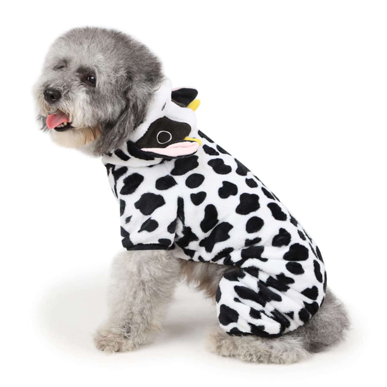 Ipetboom Designer Pet Costume Dog Halloween Outfit for Puppies, Warm Coral Fleece Jumpsuit with Cow Print, Soft and Comfortable Pet Clothes for Special Occasions and Christmas