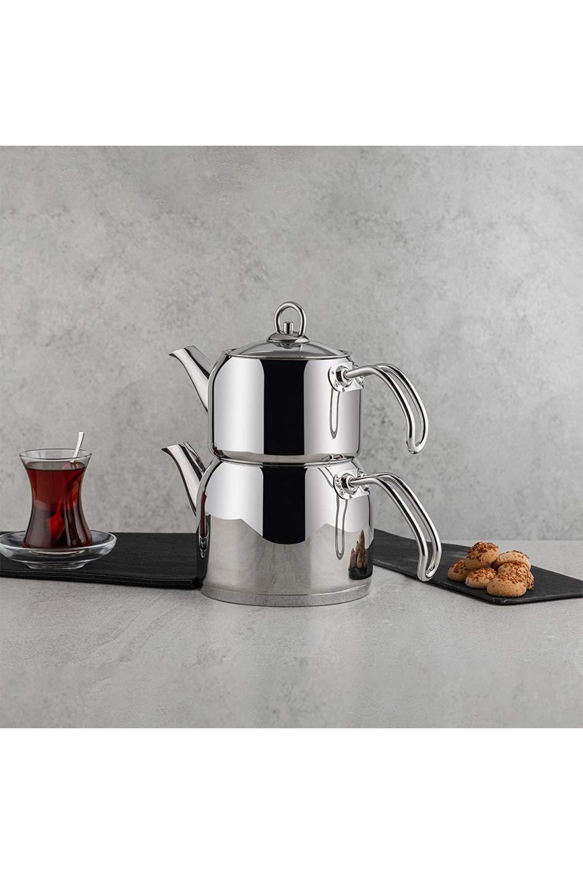 Nehir Modern Mini Küçük Boy 0.8-1.6 Lt. Paslanmaz Çelik Çaydanlık Takımı