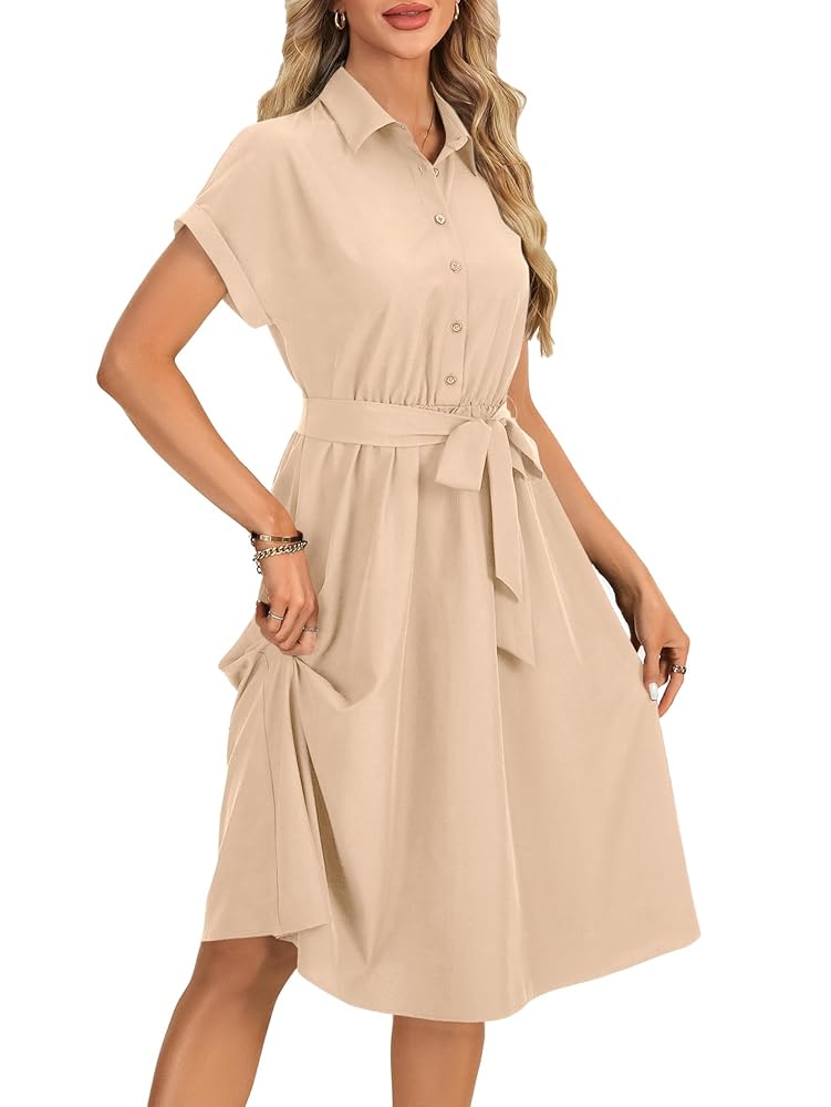 Vrtige Women's Collar V Neck Button Down Self Tie Waist