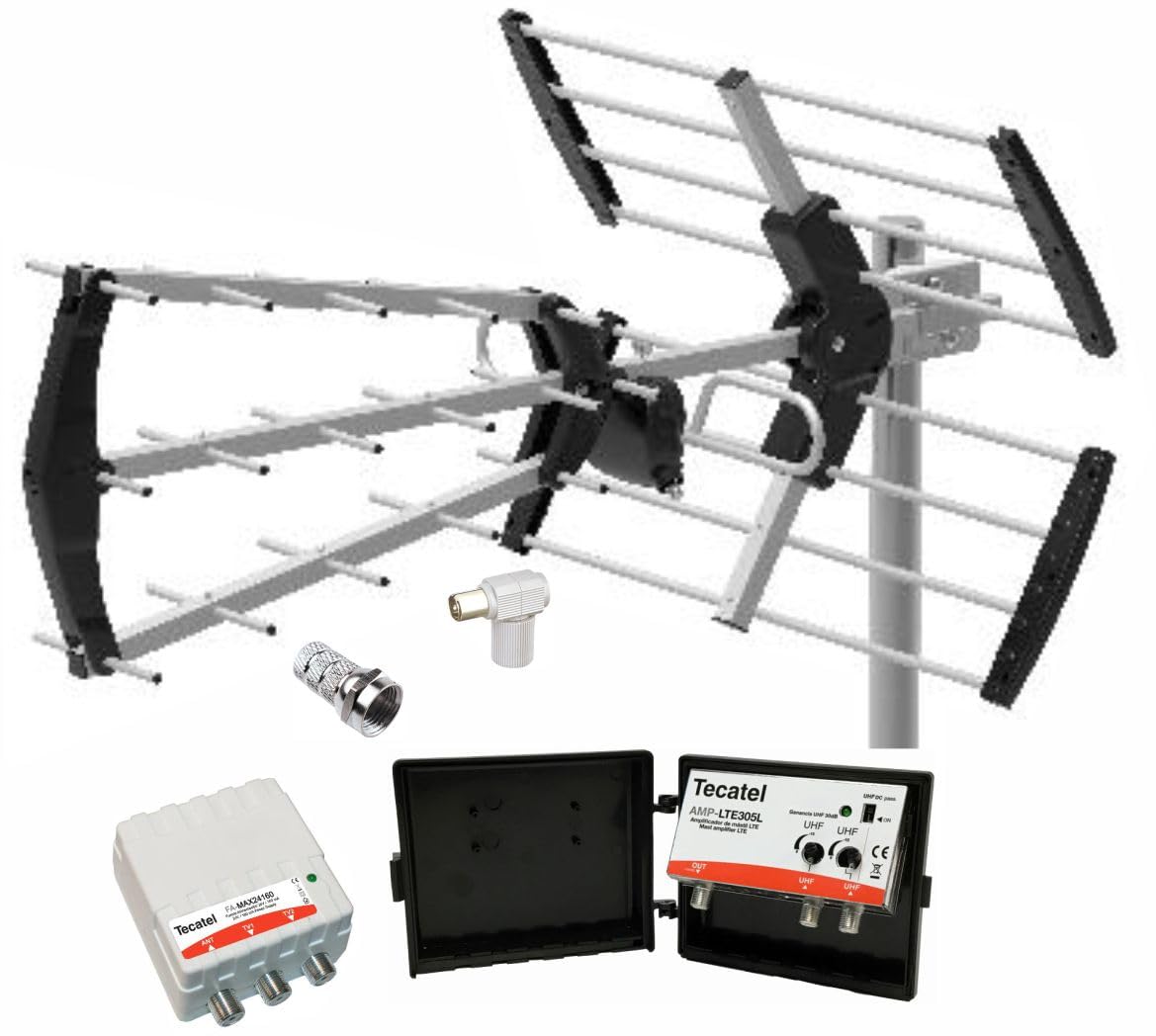 Kit Antena TV + Amplificador 30 dB 2UHF + Fuente Alimentación 2 Salidas + Conexiones