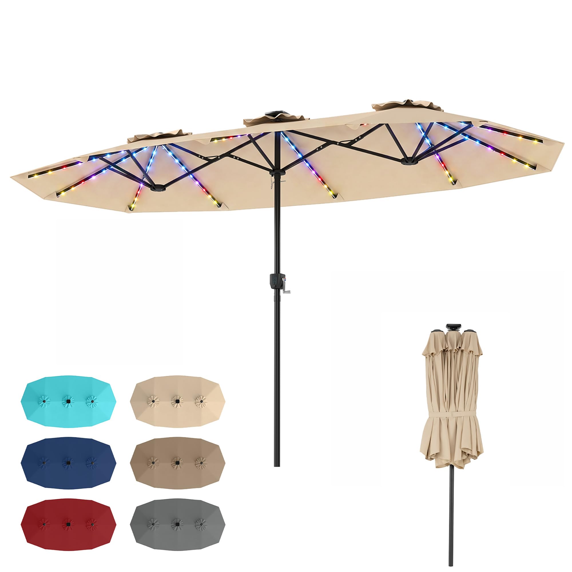 RELAX4LIFE Grand Parasol Double avec LED Multicolore, Parasol de Jardin Extérieur 4M, 12 Baleines, Manivelle, Mât en Métal Revêtu, Polyester Résistant, Abri Solaire pour Terrasse Événement (Beige)