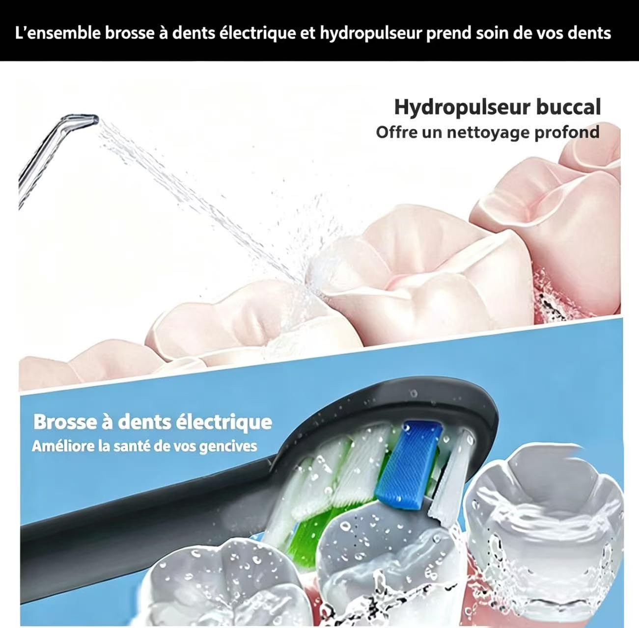 Kit de nettoyage buccal 2-1 - Hydropulseur dentaire et brosse à dents électrique - Brosse à dents et fil dentaire - Pour le nettoyage des et la santé des gencives (Noir)